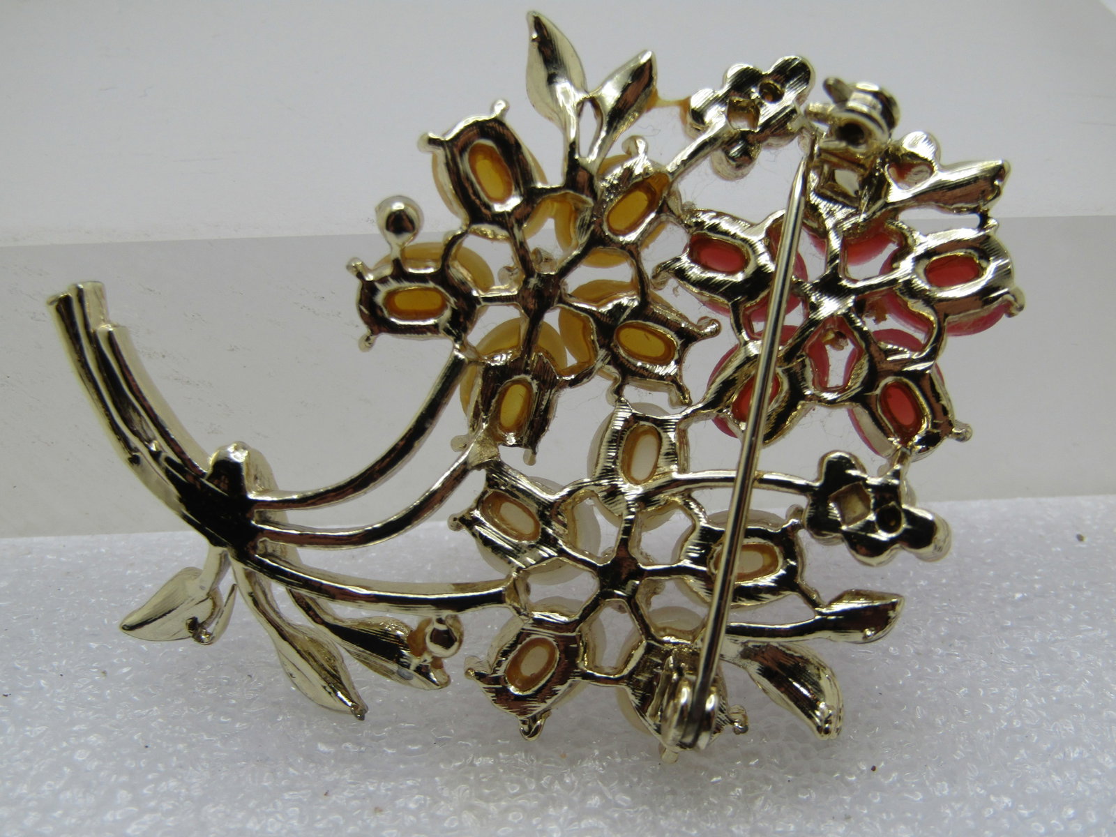 Vintage Floral Brooch, Faux Pearls and Glass Cateye Stones, 1960's, - 4