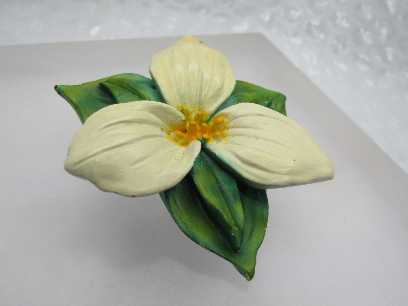 Vintage Tropical Flower Blossom Brooch, Carved Wood: Title: Vintage Tropical Flower Blossom Brooch, Carved Wood Description: Vintage Tropical Flower Blossom Brooch, Carved Wooden green leaves that are tiered with a white blossom on top with yellow cente