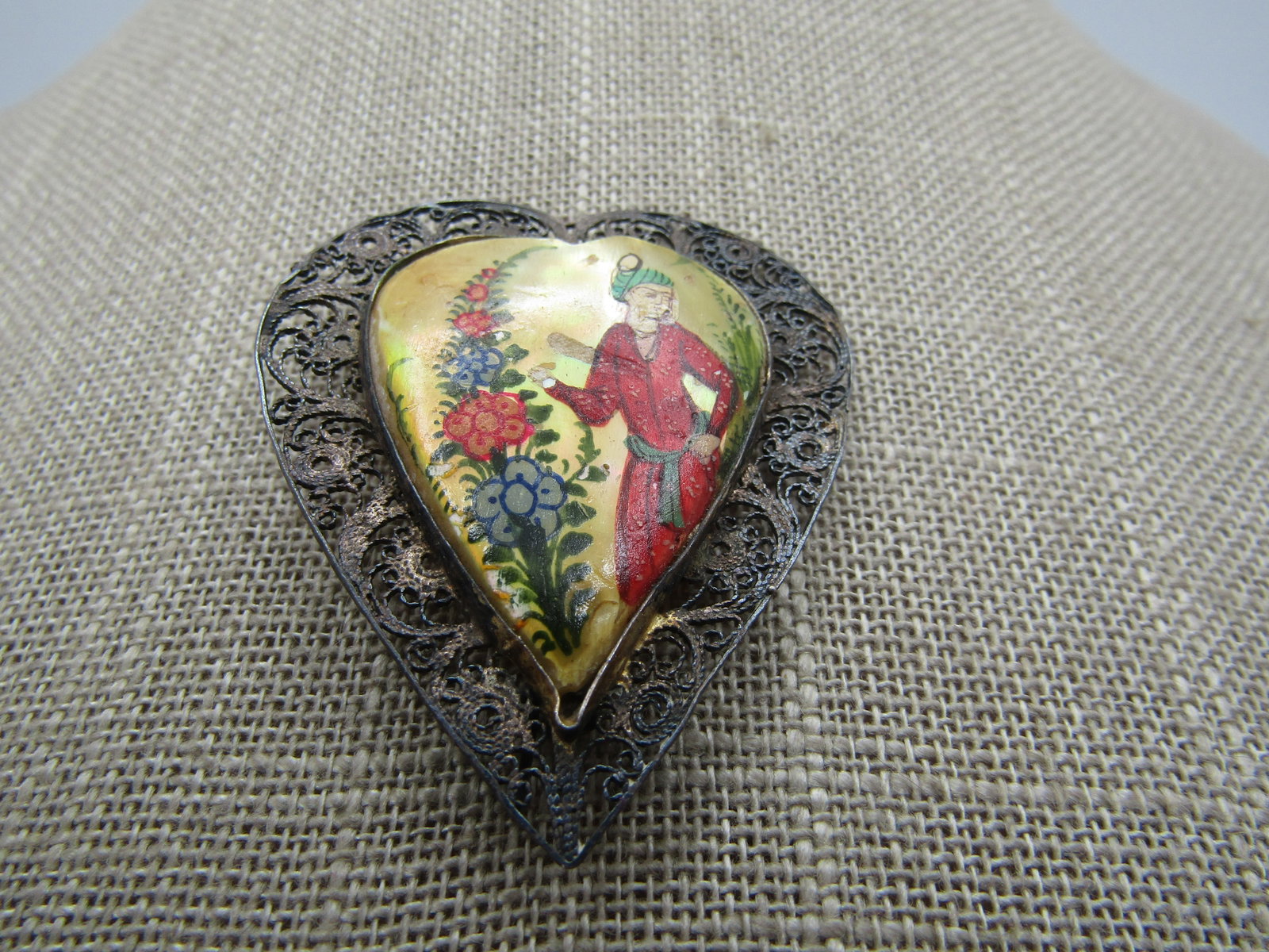 Vintage Silver Filigree Heart Hand Painted MOP Brooch, C-Clasp, 1920's-1930's (1 of 6)