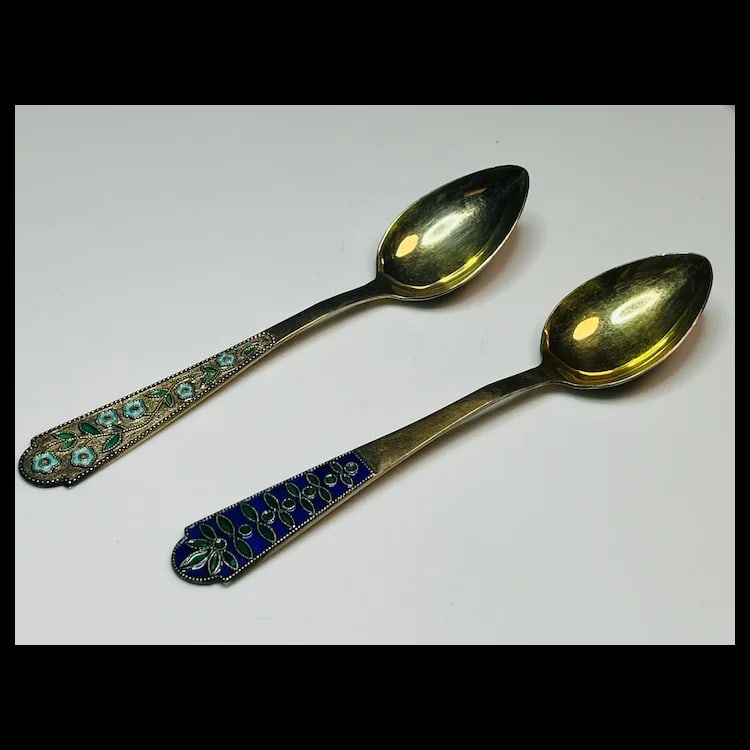 Two Vintage Soviet Russian 875 Silver and Enamel Detailed Teaspoons Gold Wash - 3