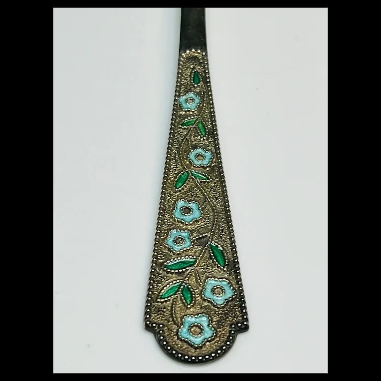 Two Vintage Soviet Russian 875 Silver and Enamel Detailed Teaspoons Gold Wash - 5