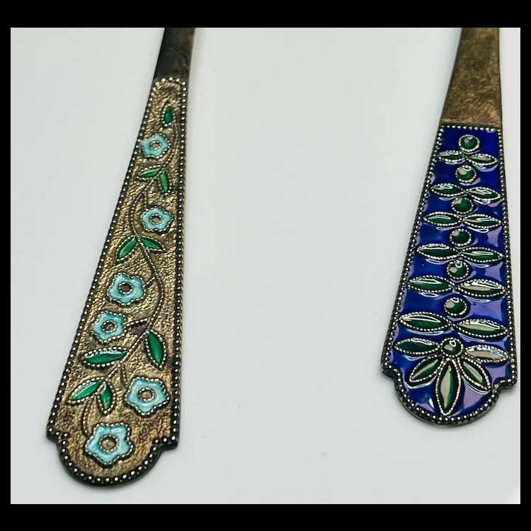 Two Vintage Soviet Russian 875 Silver and Enamel Detailed Teaspoons Gold Wash - 6