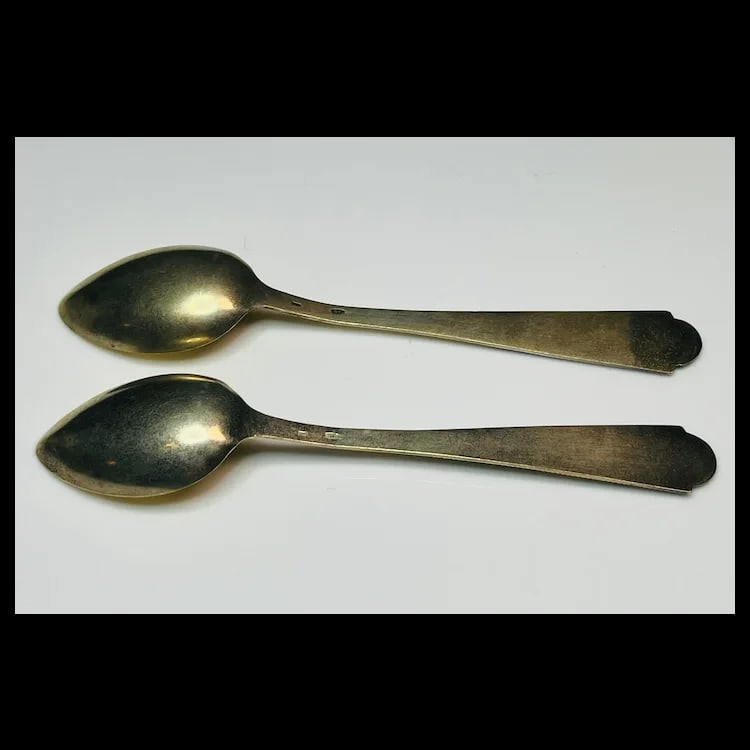 Two Vintage Soviet Russian 875 Silver and Enamel Detailed Teaspoons Gold Wash - 7