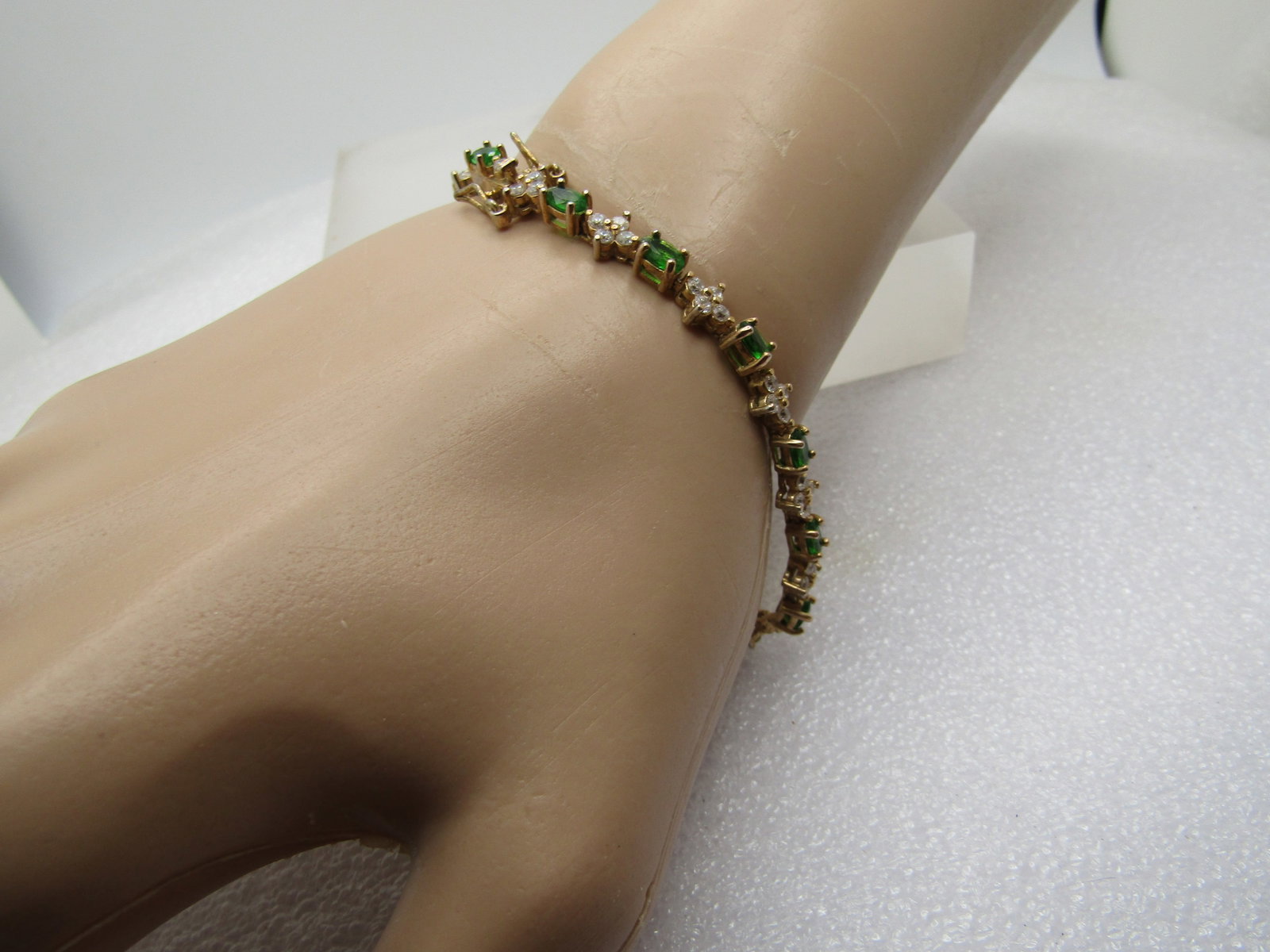 Vintage Gold Over Sterling Green & Clear CZ Tennis Bracelet, 7", 1990's - 2
