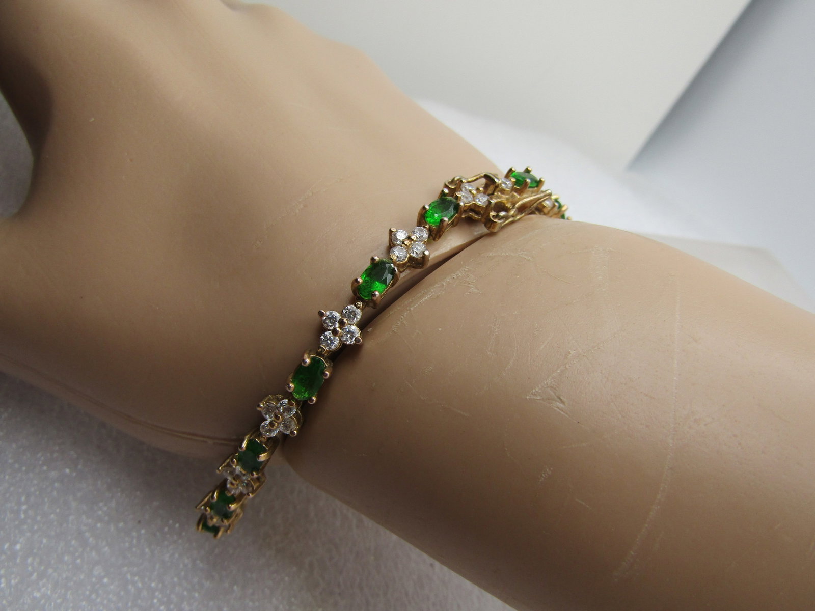 Vintage Gold Over Sterling Green & Clear CZ Tennis Bracelet, 7", 1990's - 3