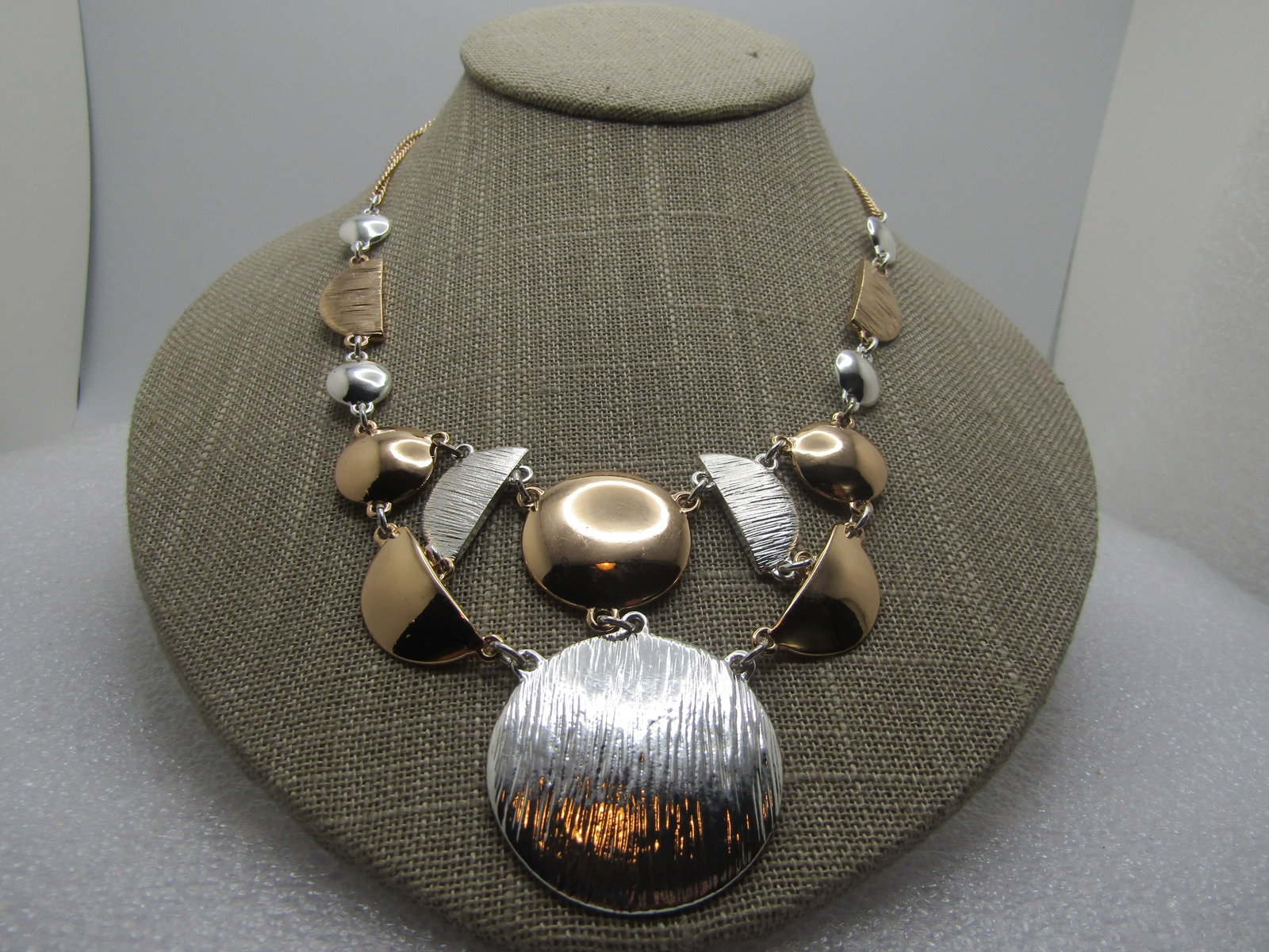 Two-Tone Mod Drop Necklace, 20", 1980's-1990's, Signed: Title: Two-Tone Mod Drop Necklace, 20", 1980's-1990's, Signed Description: Two-Tone Mod Drop Necklace, 20", 1980's-1990's, Signed NWT. Smooth and shiny gold tone circles and half circles and mostly sh