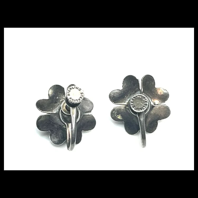 Vintage Sterling Silver Screw Back Flower Earrings - 3