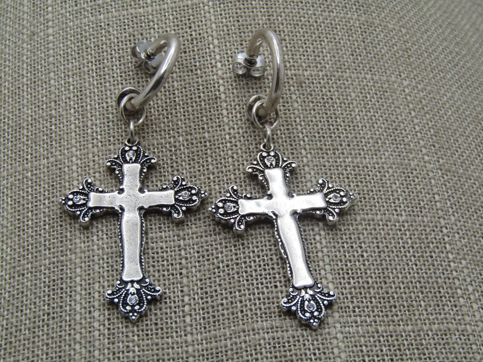 Vintage Cross Dangle Hoop Earrings, Pierced, 1980's-1990's, Signed SSD (1 of 4)