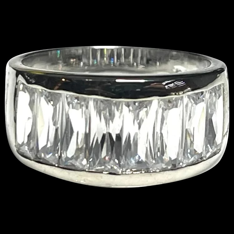 Estate Baguette CZ Half Band Statement Ring: Title: Estate Baguette CZ Half Band Statement Ring Description: Estate Baguette CZ Half Band Statement Ring. Hallmarked: 925 RP. Weighs: 7 grams. Measures US Ring Size: 8.75 Date/Period: Estate Materi