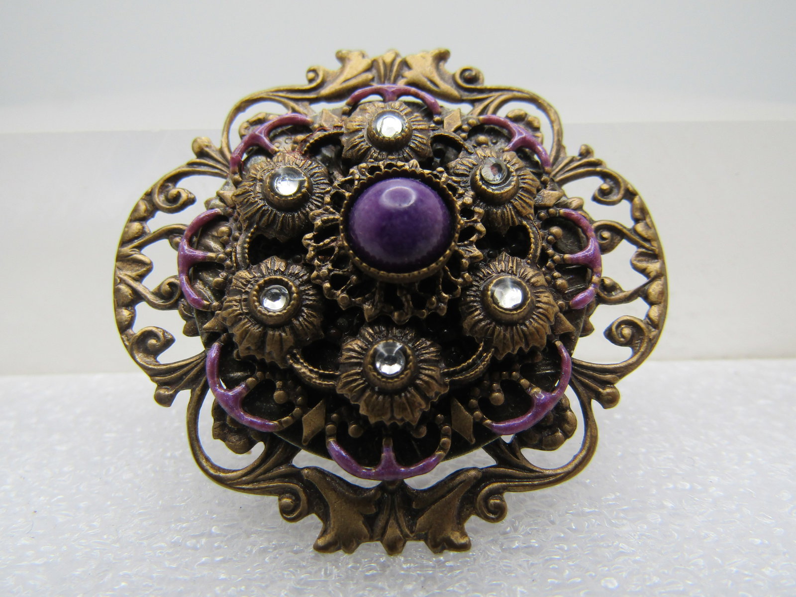 Vintage Filigree Tiered Enameled Brooch, Rhinestone Accents, 1980's - 2