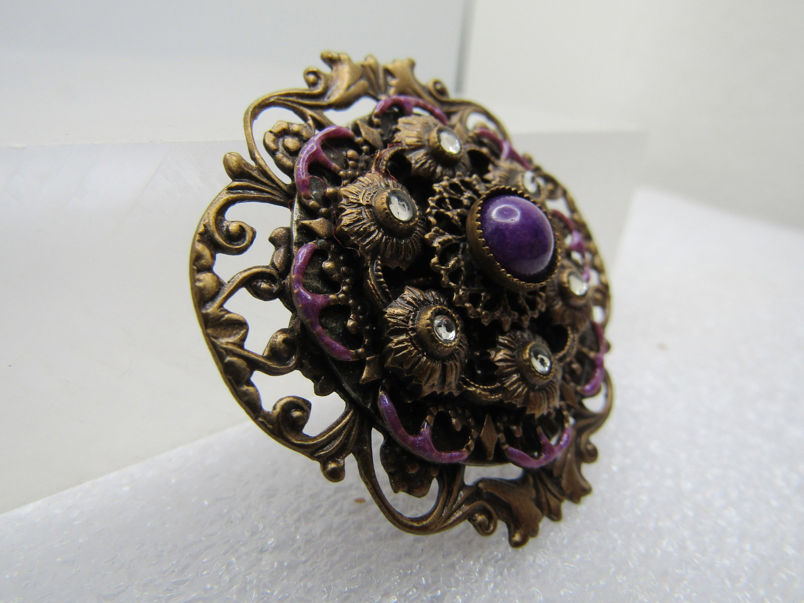 Vintage Filigree Tiered Enameled Brooch, Rhinestone Accents, 1980's - 3