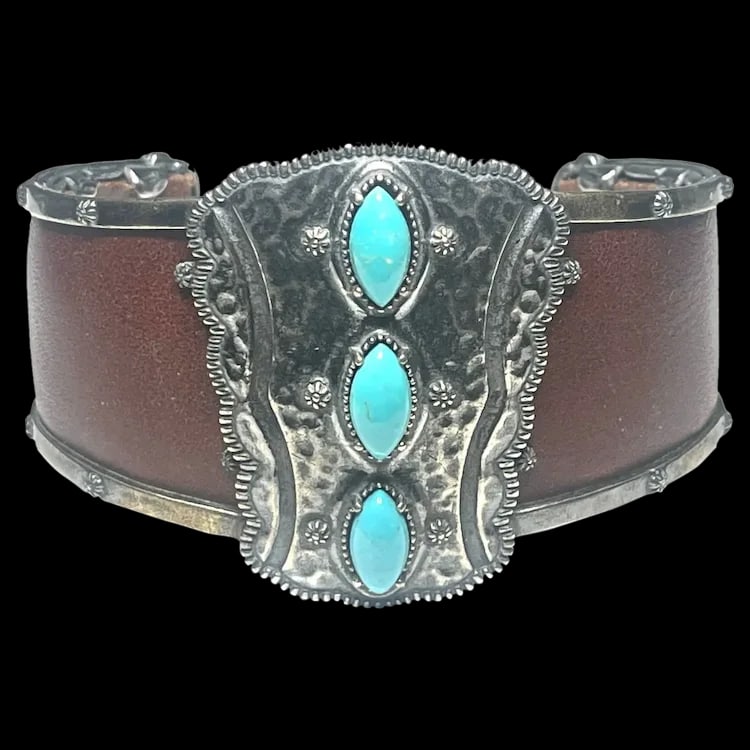 Estate Carolyn Pollack Jennifer Nettles Sterling Silver Leather Turquoise Cuff Bracelet (1 of 7)