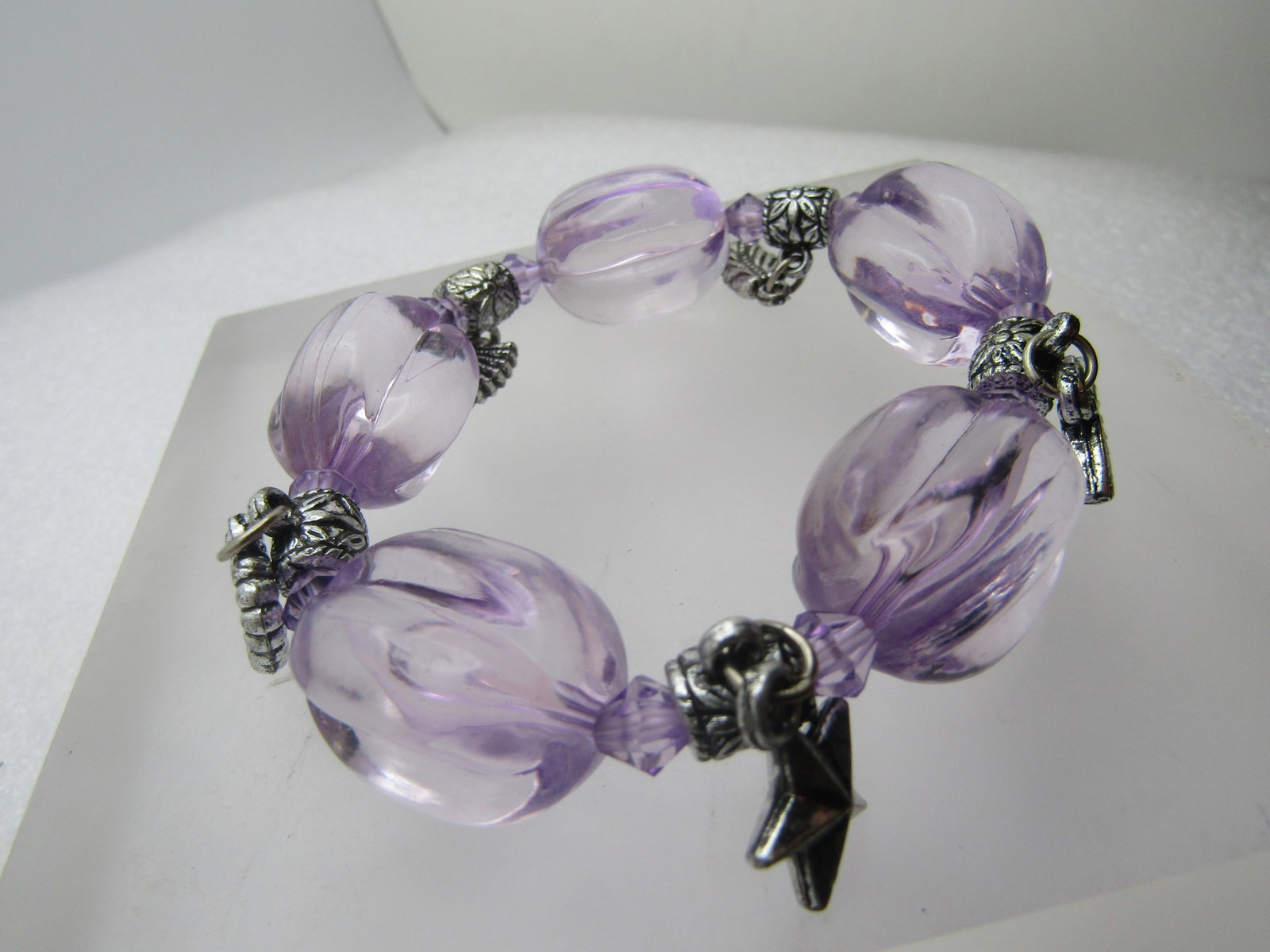 Stretch Charm Bracelet, Lavender Beads, 1990's - 3