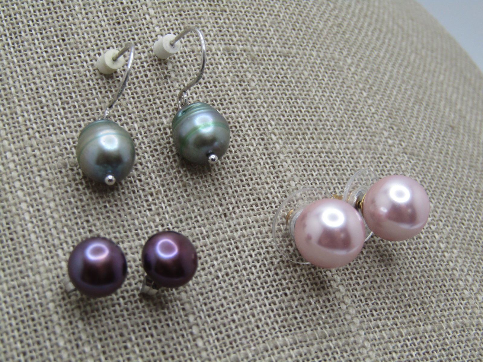 Vintage Sterling Cultured Tahitian Pearl Earrings, Pink, Green, Purple, Pierced, 1980's-1990's. - 2