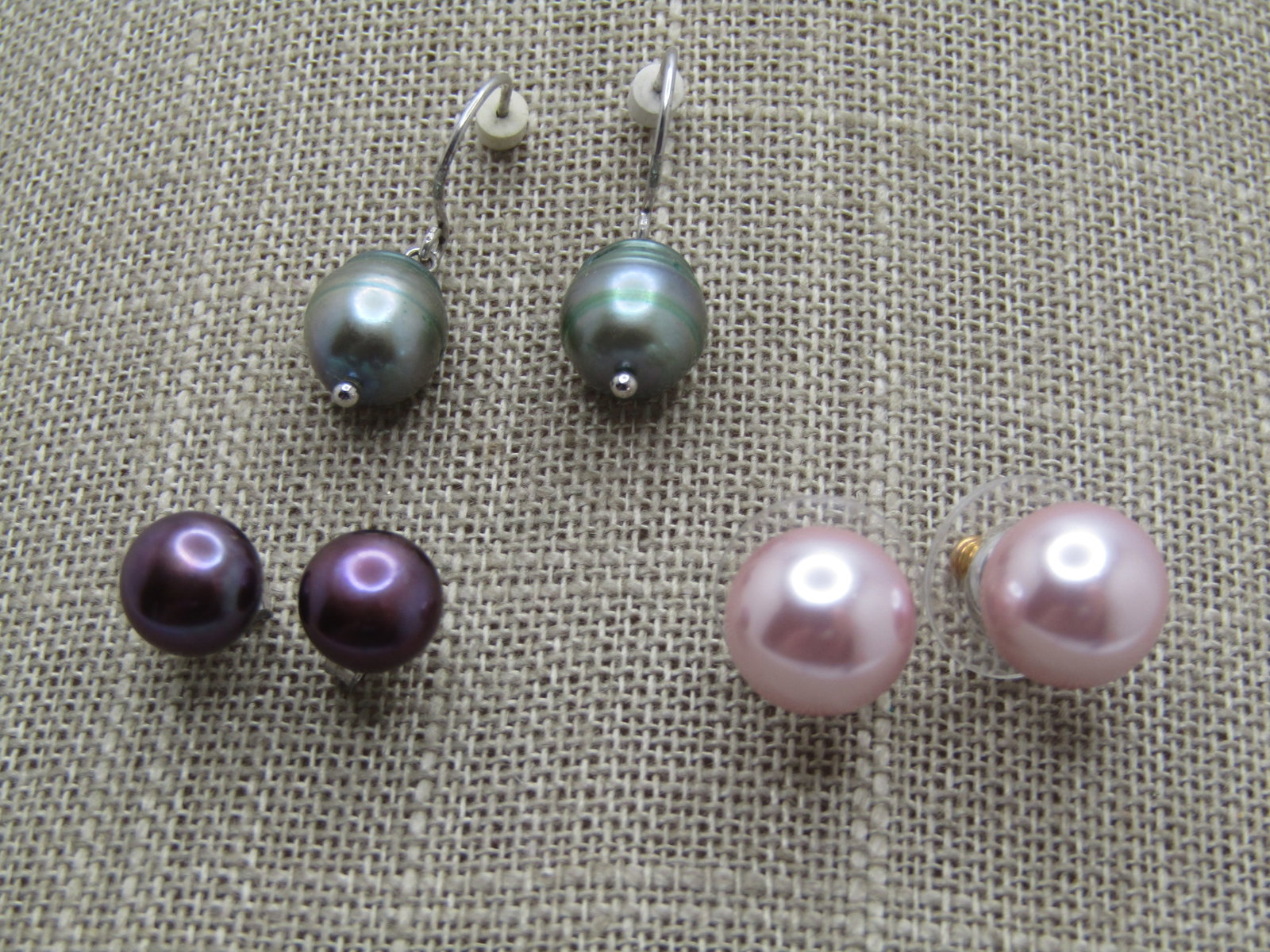 Vintage Sterling Cultured Tahitian Pearl Earrings, Pink, Green, Purple, Pierced, 1980's-1990's. - 3