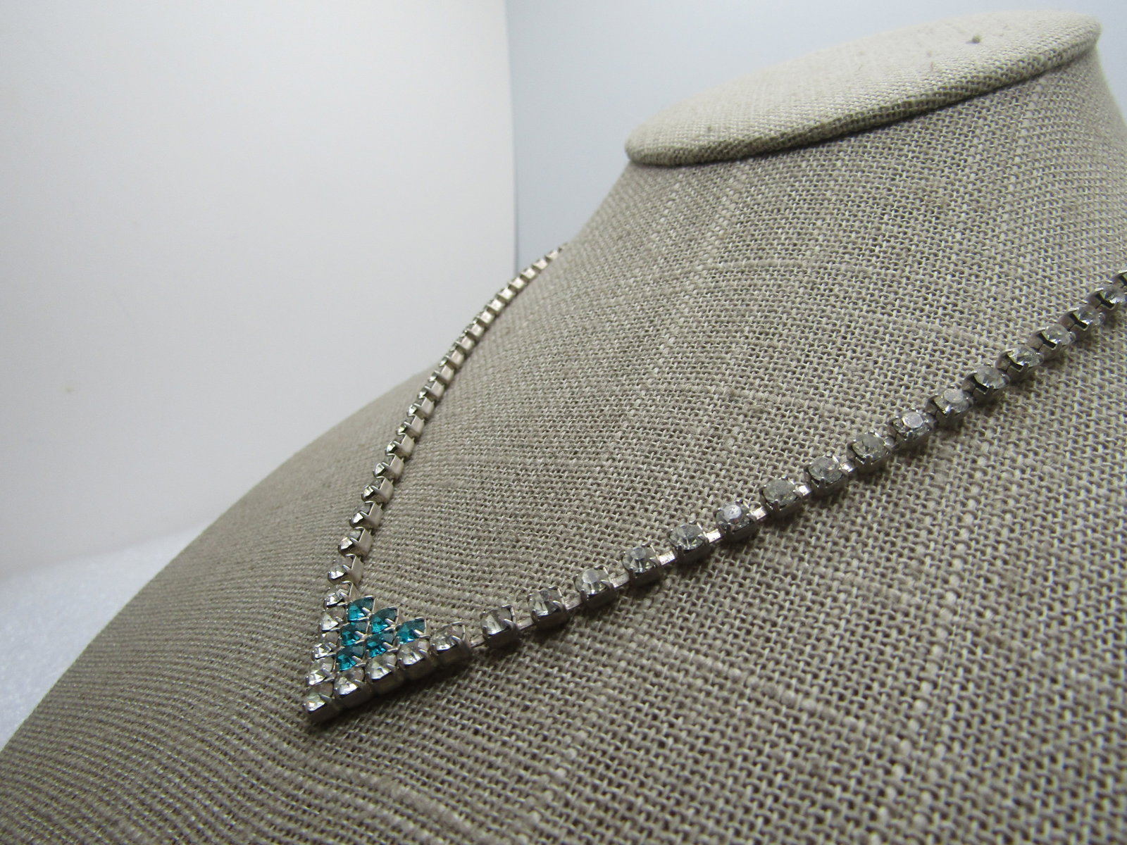 Vintage Green & Clear Rhinestone Necklace, 16", V-Drop, Flip-Clasp, 1960's - 2