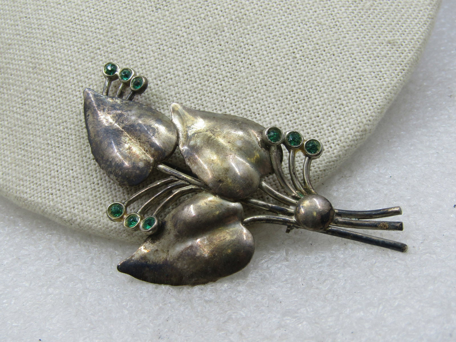 Vintage Sterling Leaf Stem & Rhinestone Brooch, 1940's, 3" - 4