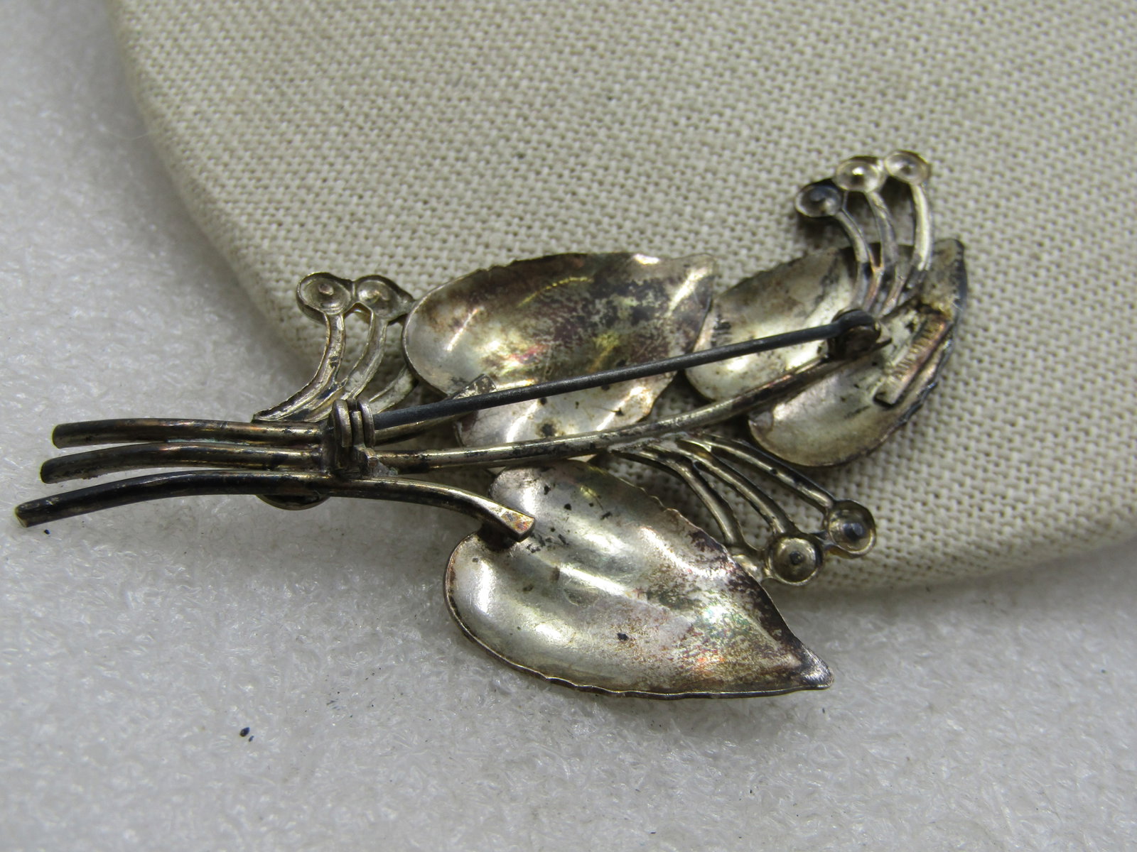 Vintage Sterling Leaf Stem & Rhinestone Brooch, 1940's, 3" - 5