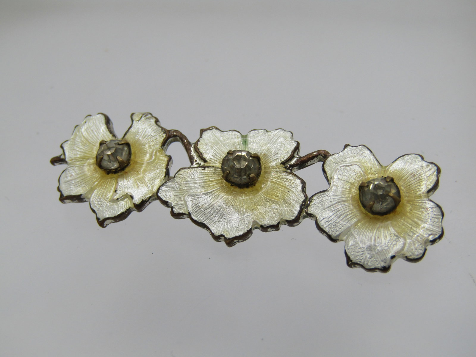 Vintage Guilloche Triple Blossom Brooch, Rhinestones, 2" - C-Clasp - 2