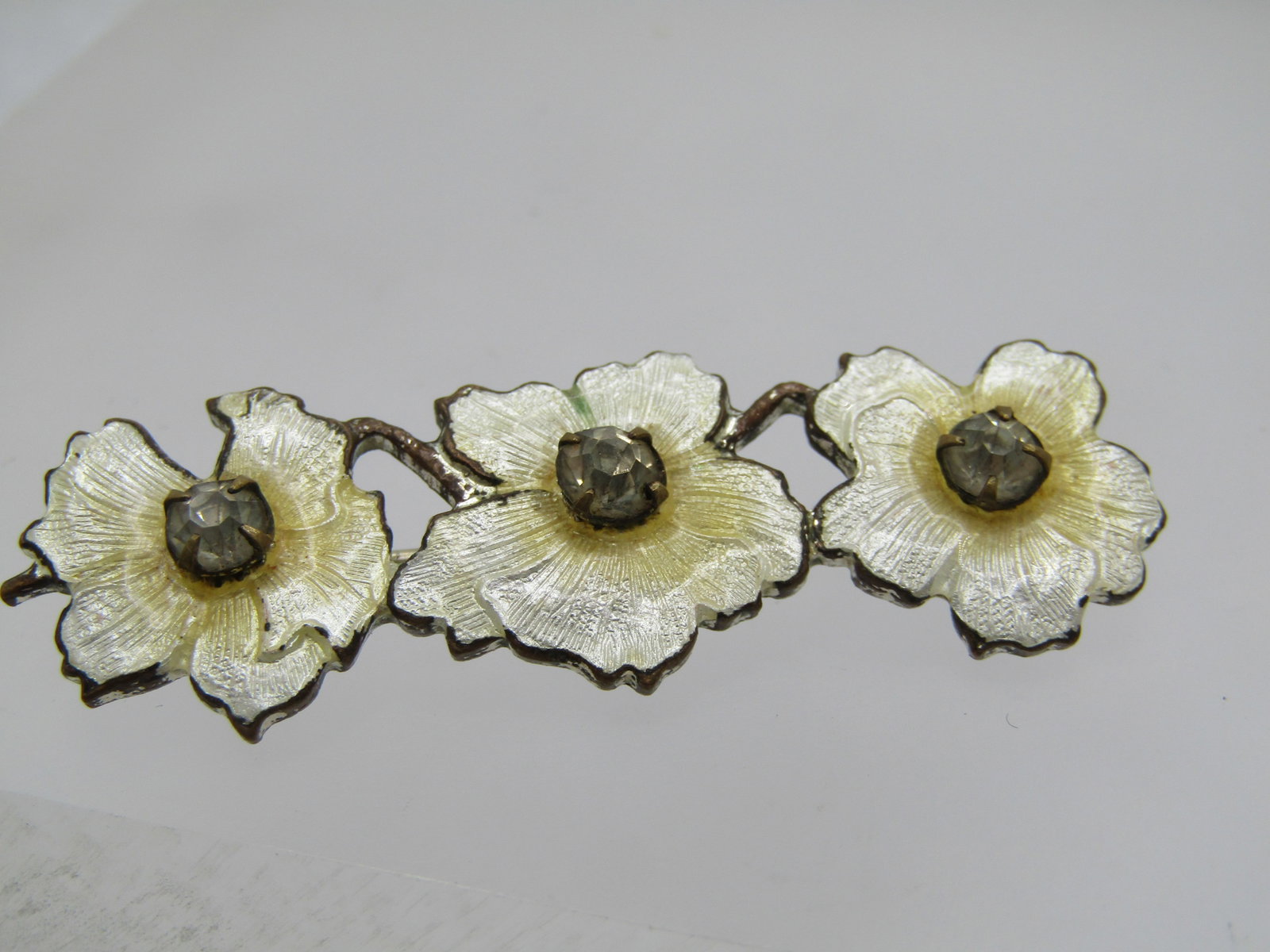 Vintage Guilloche Triple Blossom Brooch, Rhinestones, 2" - C-Clasp - 3
