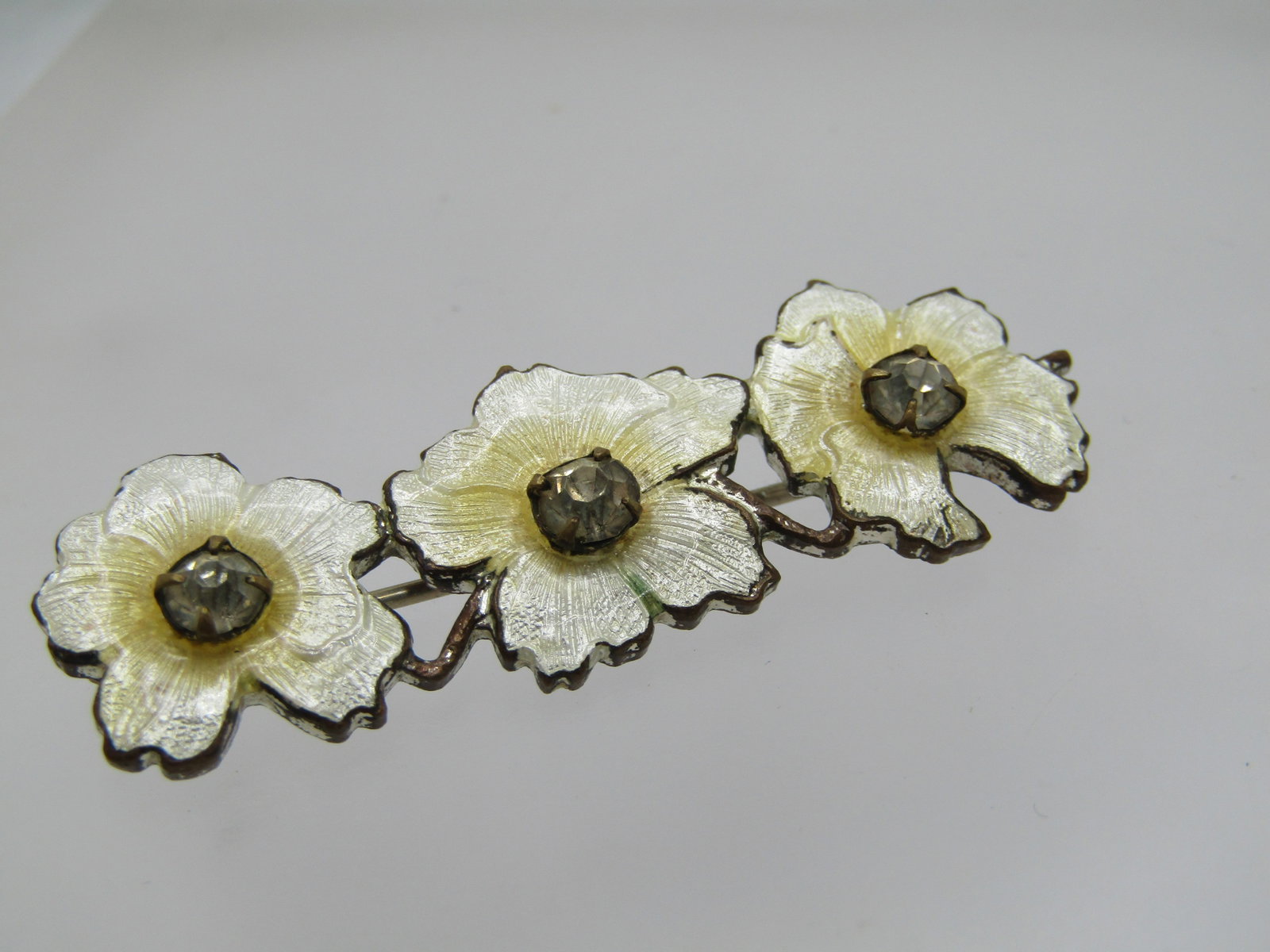 Vintage Guilloche Triple Blossom Brooch, Rhinestones, 2" - C-Clasp - 4
