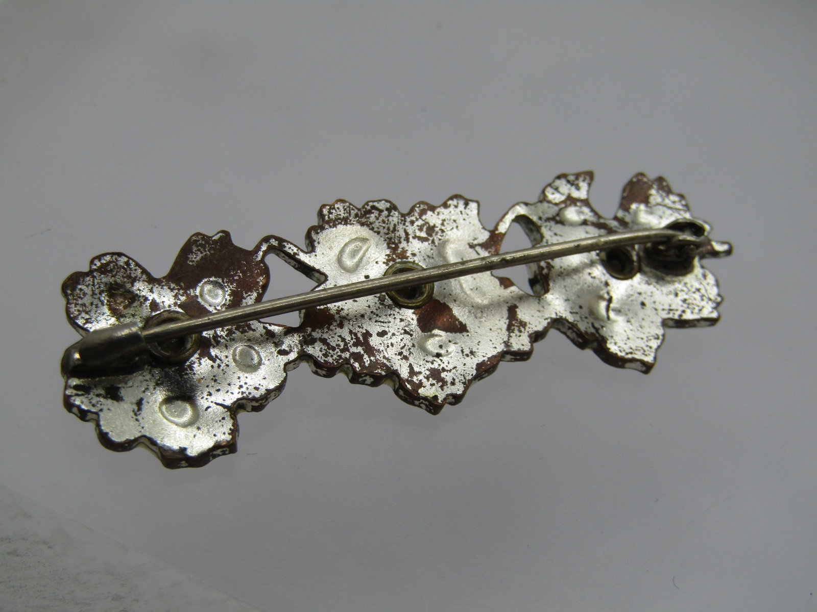 Vintage Guilloche Triple Blossom Brooch, Rhinestones, 2" - C-Clasp - 5