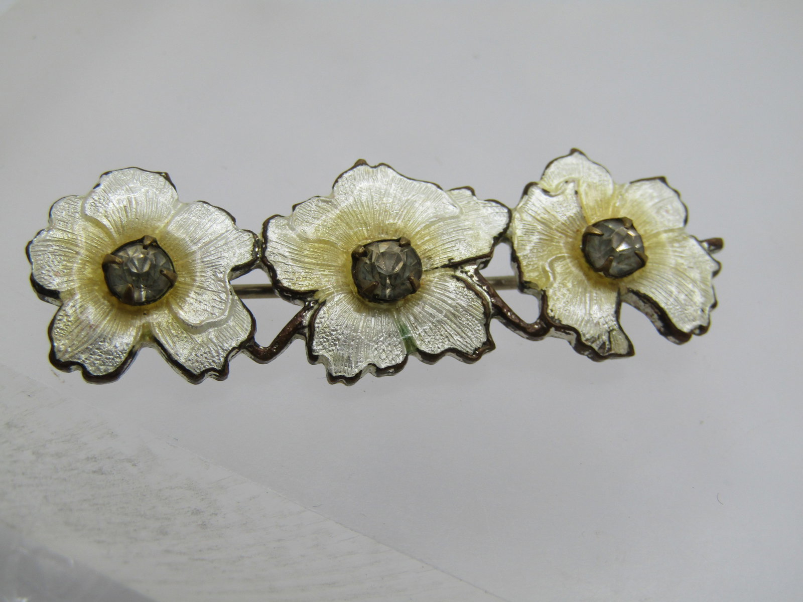 Vintage Guilloche Triple Blossom Brooch, Rhinestones, 2" - C-Clasp - 6