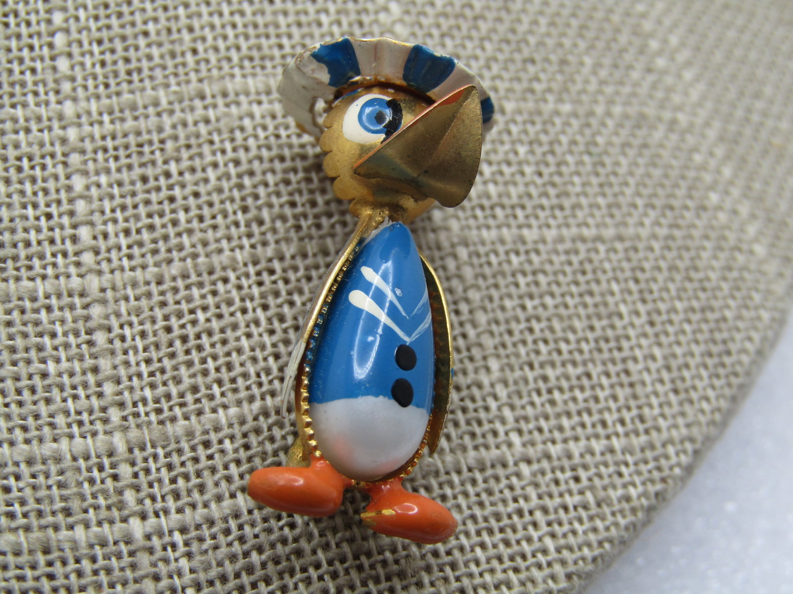 Vintage Enameled Donald Duck Brooch, 1940's-1950's, Spain: Title: Vintage Enameled Donald Duck Brooch, 1940's-1950's, Spain Description: Vintage Enameled Donald Duck Brooch, 1940's-1950's, Spain. The brooch is a 3-D with blue and white enameled outfit and hat