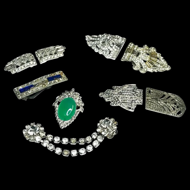 Lot of Vintage Marcasite & Rhinestone Clasps: Title: Lot of Vintage Marcasite & Rhinestone Clasps Description: Lot of Vintage Marcasite & Rhinestone Clasps. At least three of the clips are sterling silver (20 grams). Measurements Vary Date/Period