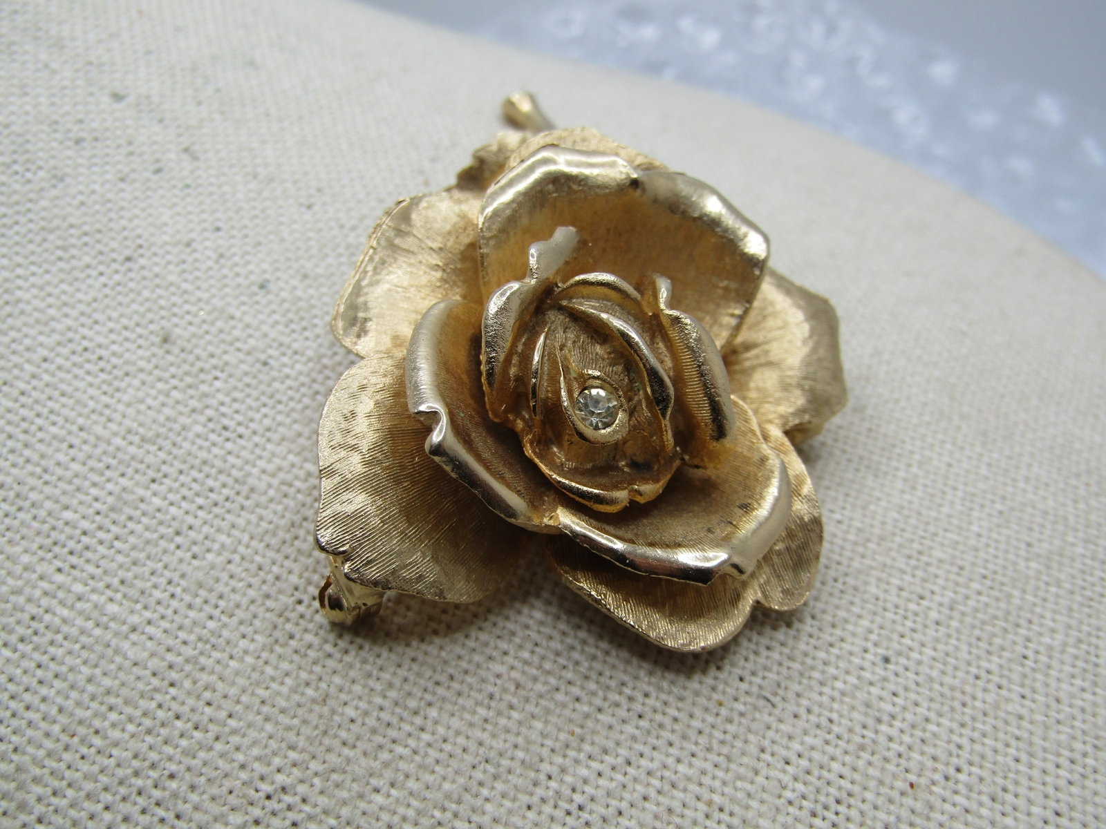 Vintage Gold Tone Rose Brooch, Single Rhinestone, 3" - 2