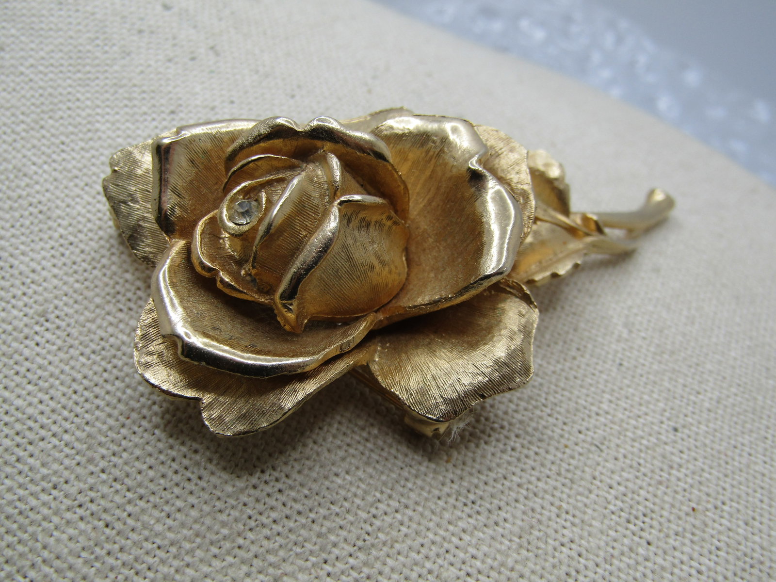 Vintage Gold Tone Rose Brooch, Single Rhinestone, 3" - 3