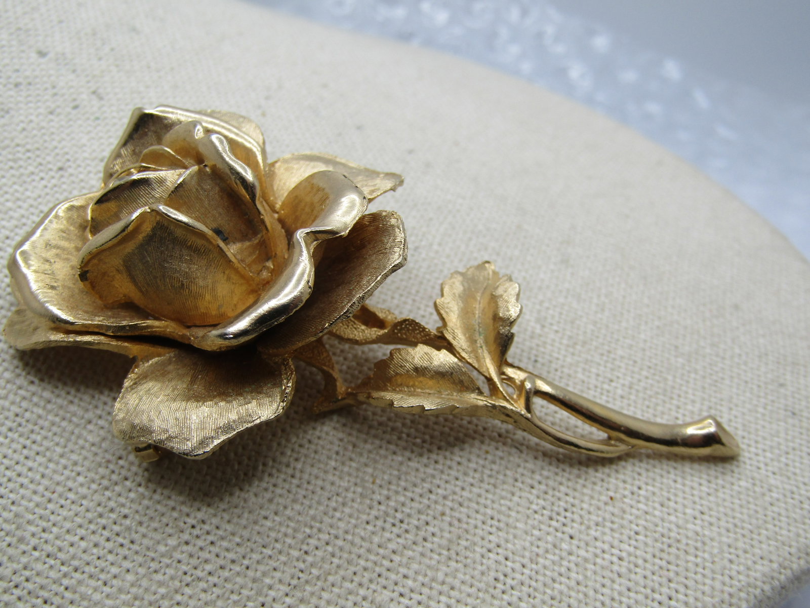 Vintage Gold Tone Rose Brooch, Single Rhinestone, 3" - 4