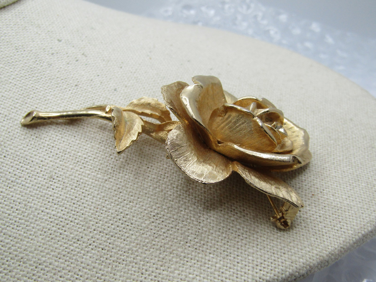 Vintage Gold Tone Rose Brooch, Single Rhinestone, 3" - 5