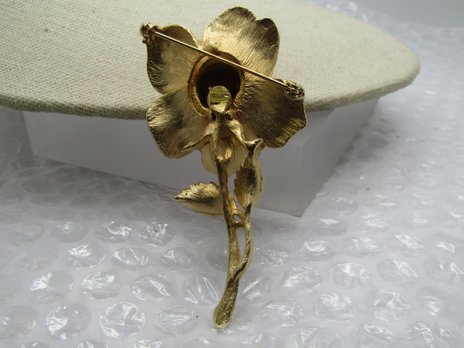 Vintage Gold Tone Rose Brooch, Single Rhinestone, 3" - 6