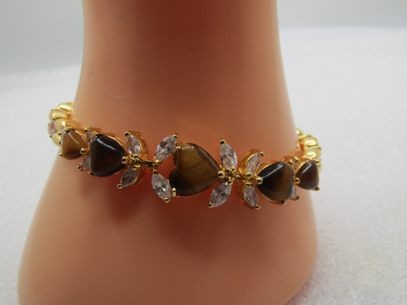 Heart Tiger's Eye Clear Stone Bracelet, 7.5", 1990's (1 of 6)