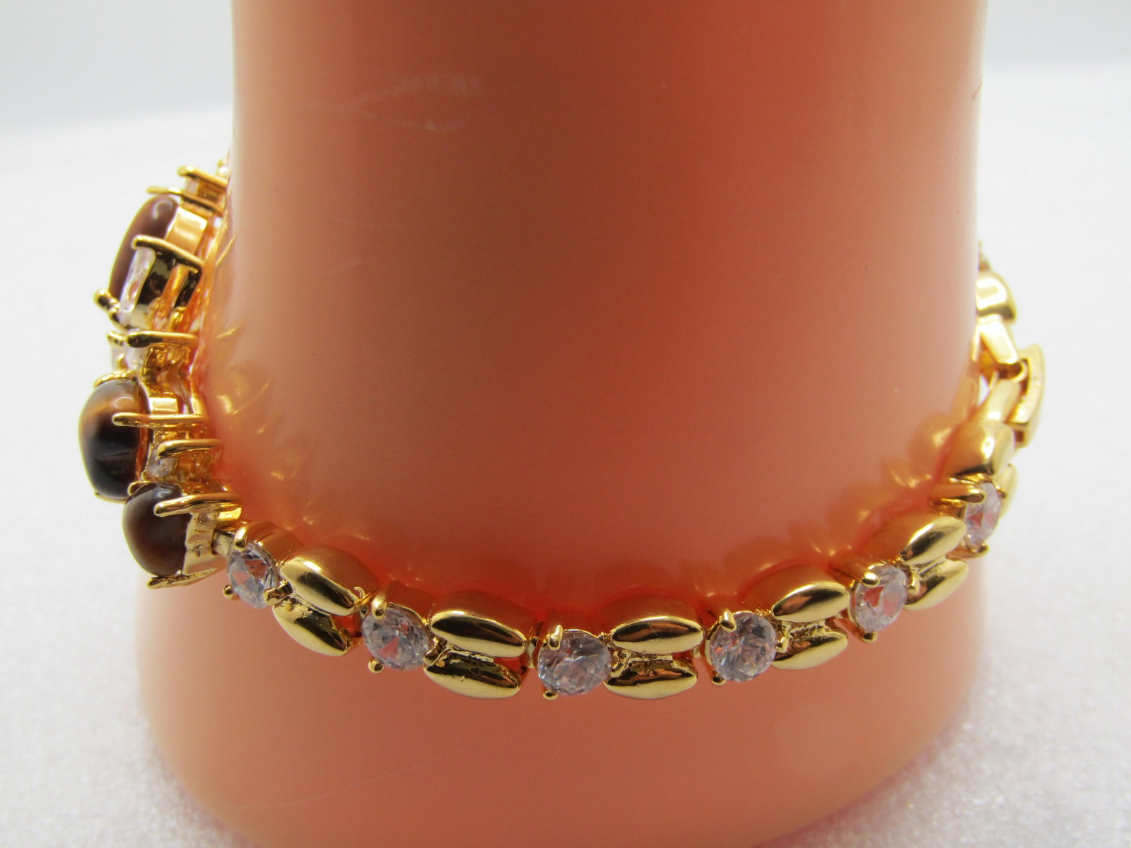 Heart Tiger's Eye Clear Stone Bracelet, 7.5", 1990's - 2