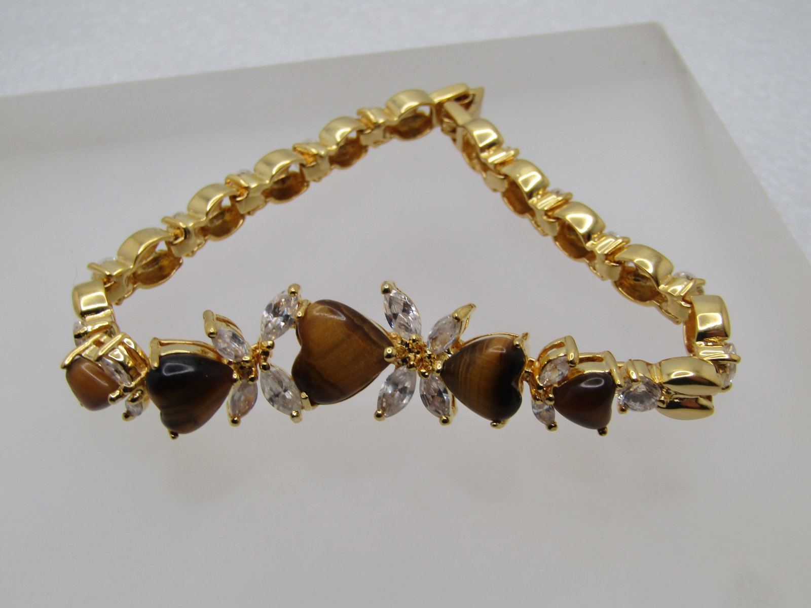 Heart Tiger's Eye Clear Stone Bracelet, 7.5", 1990's - 4