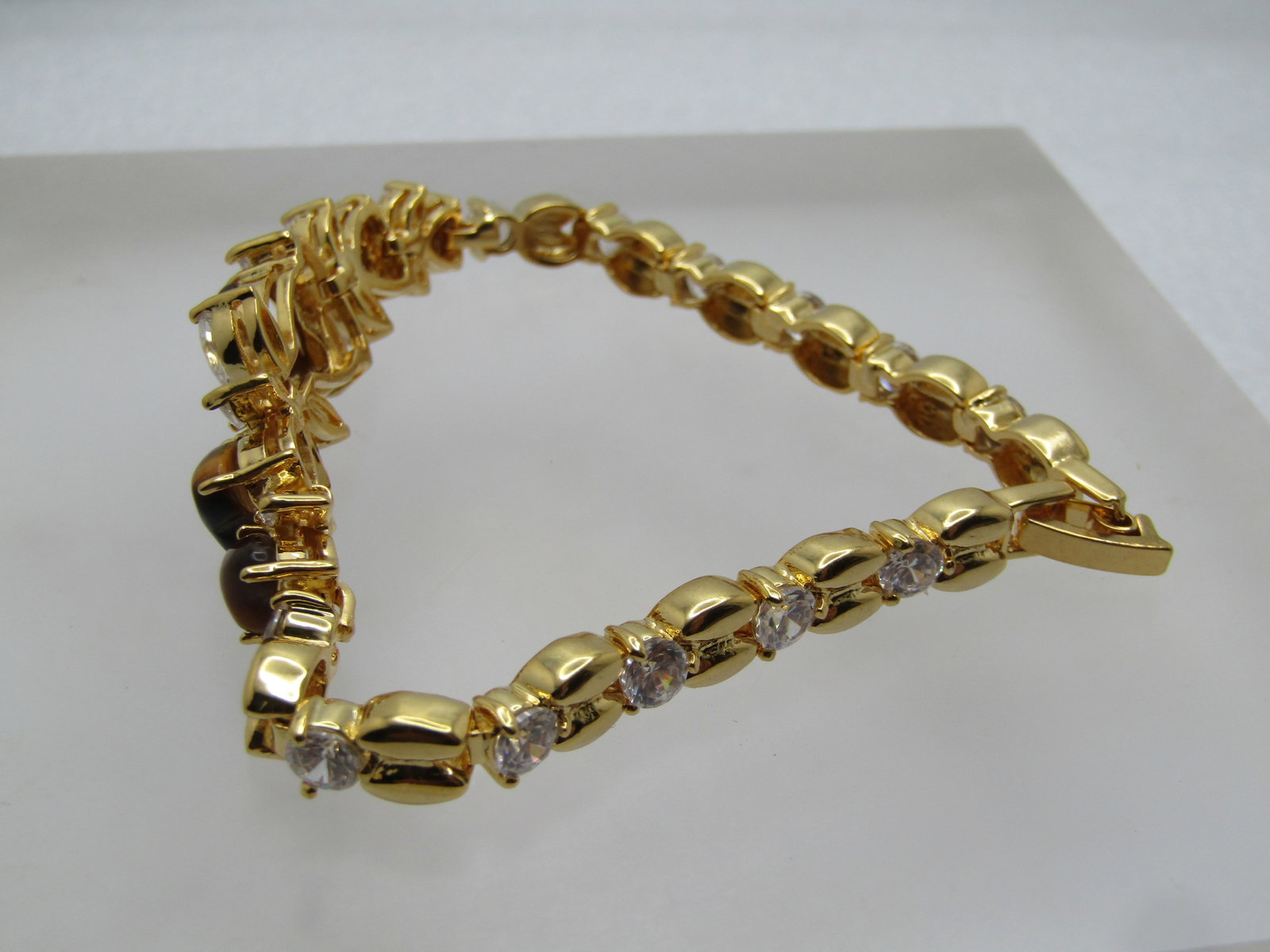 Heart Tiger's Eye Clear Stone Bracelet, 7.5", 1990's - 5