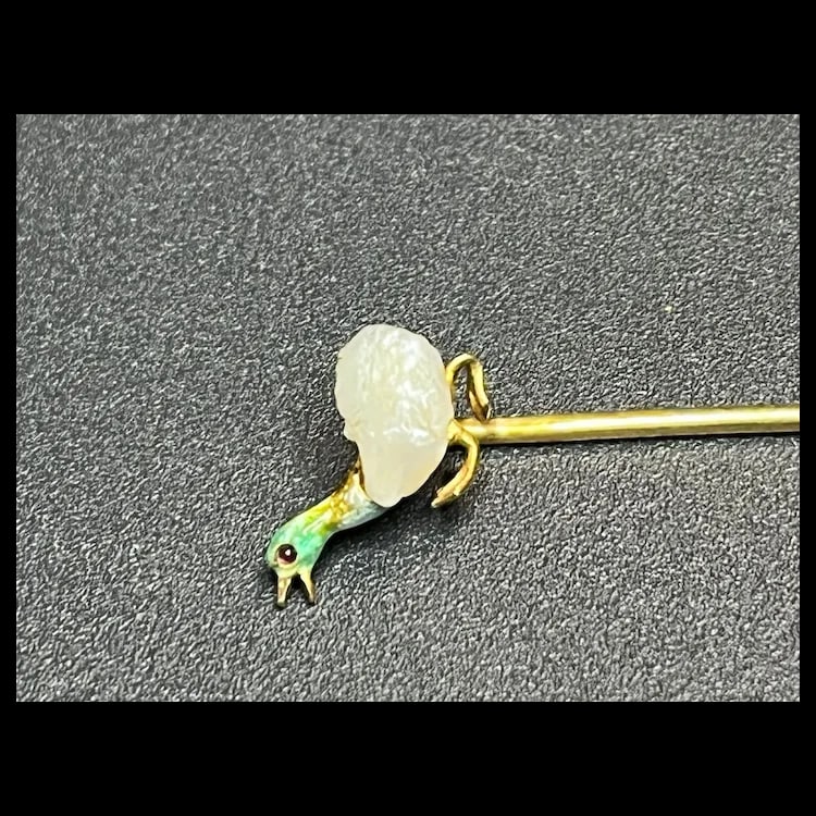 Vintage Enamel Duck and Pearl 14k Gold Stickpin - 4