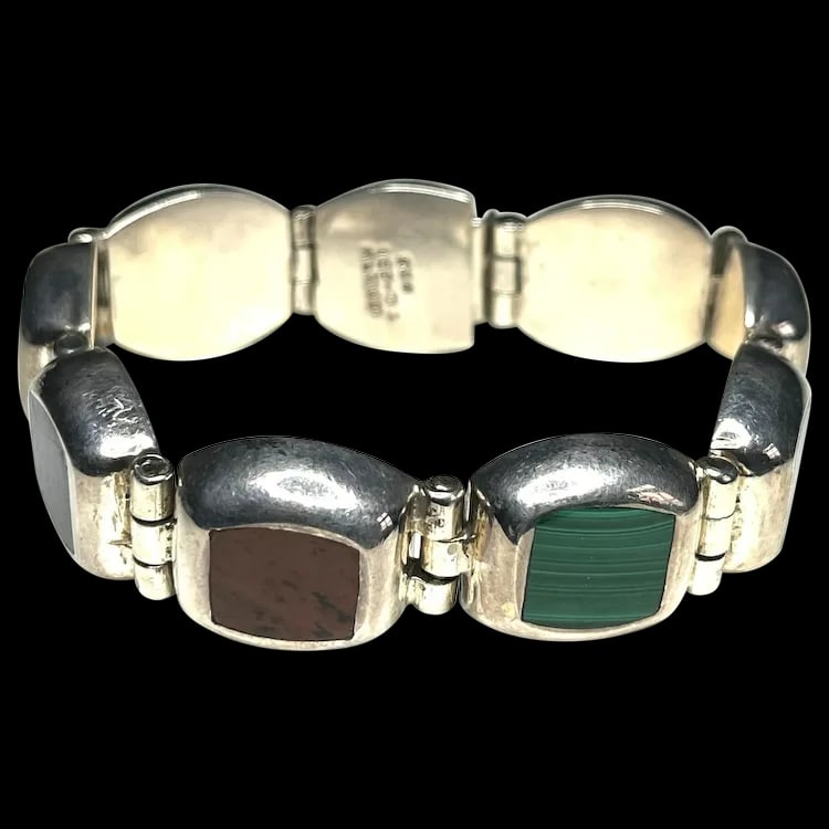 Vintage Mexican Sterling Silver & Semi-Precious Stone Inlay Bracelet (1 of 9)