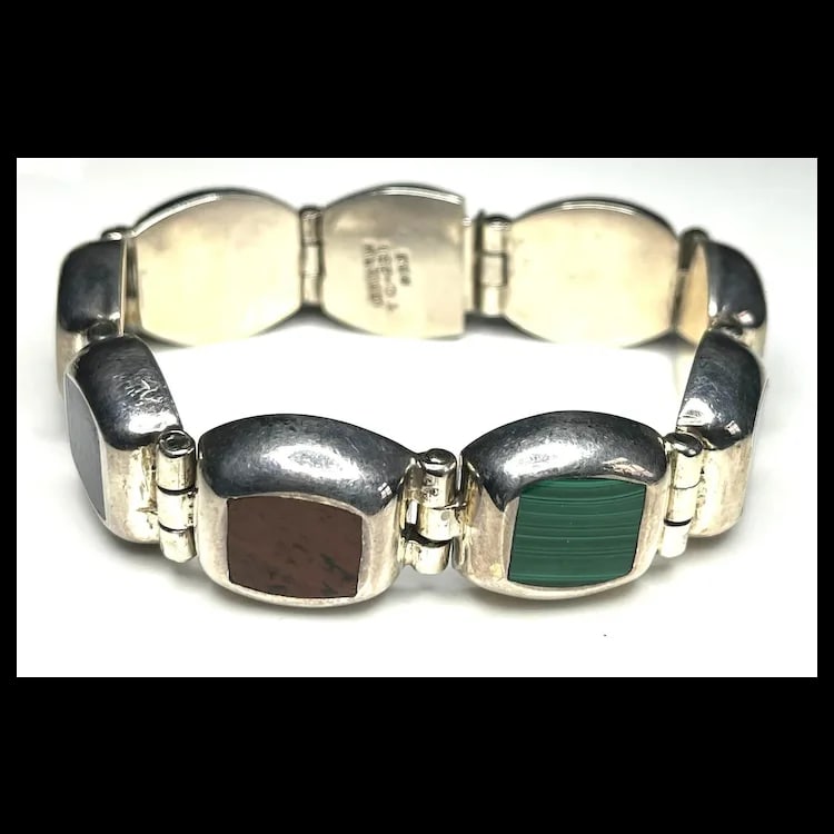 Vintage Mexican Sterling Silver & Semi-Precious Stone Inlay Bracelet - 2