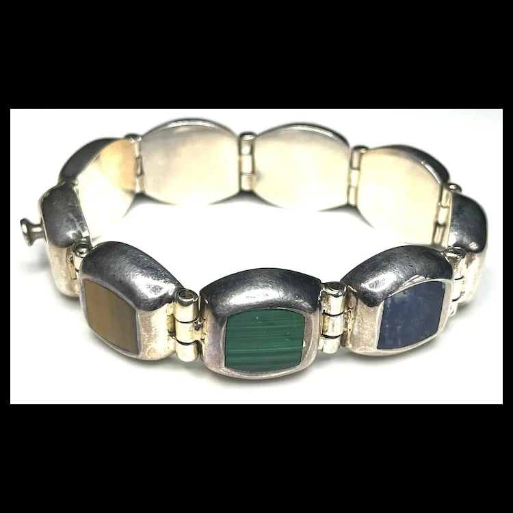 Vintage Mexican Sterling Silver & Semi-Precious Stone Inlay Bracelet - 3