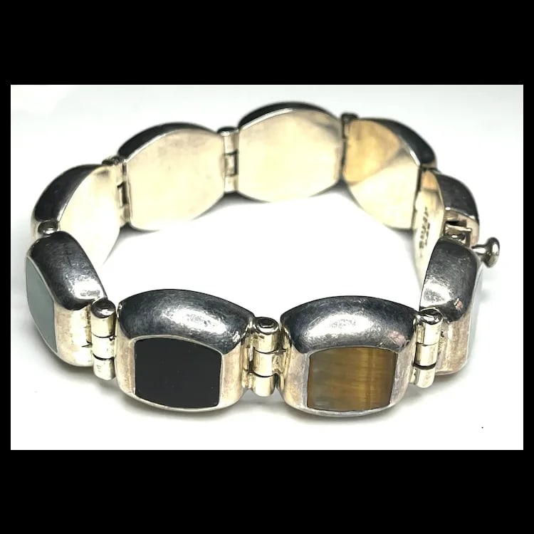 Vintage Mexican Sterling Silver & Semi-Precious Stone Inlay Bracelet - 4
