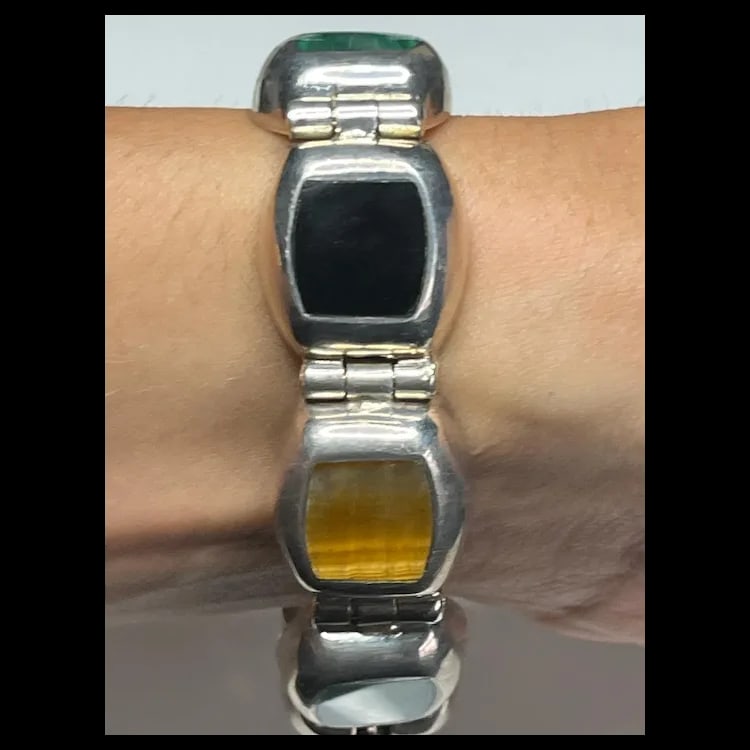 Vintage Mexican Sterling Silver & Semi-Precious Stone Inlay Bracelet - 7