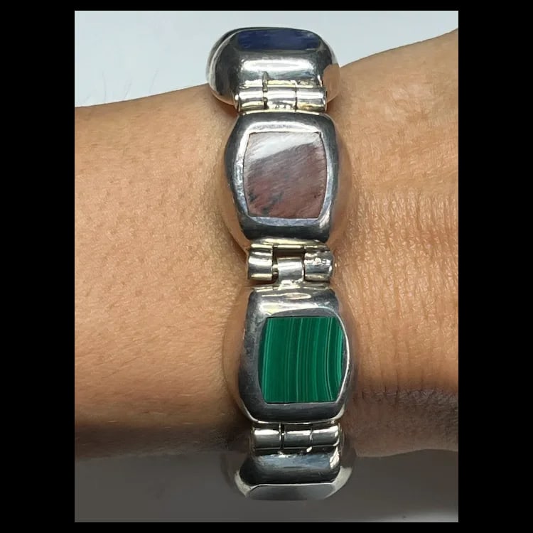 Vintage Mexican Sterling Silver & Semi-Precious Stone Inlay Bracelet - 8