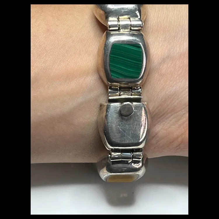 Vintage Mexican Sterling Silver & Semi-Precious Stone Inlay Bracelet - 9