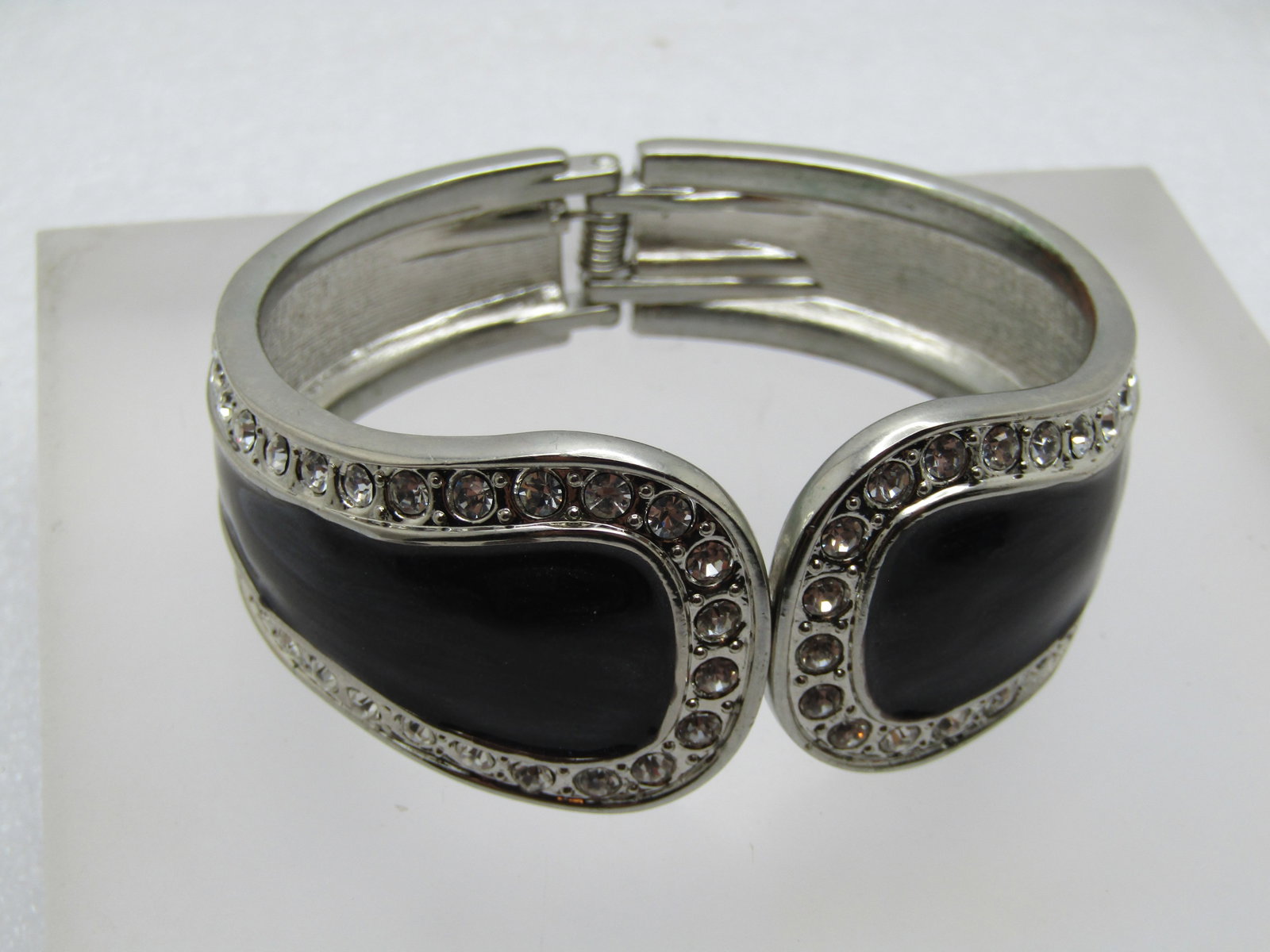 Vintage Black Enameled Rhinestone Bracelet, Hinged Clamper, 6.75", 1970's-1980's (1 of 6)