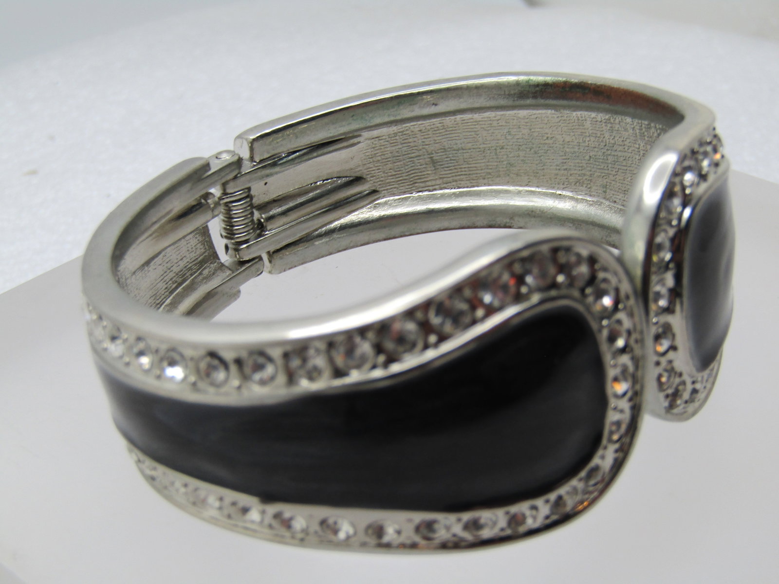 Vintage Black Enameled Rhinestone Bracelet, Hinged Clamper, 6.75", 1970's-1980's - 2