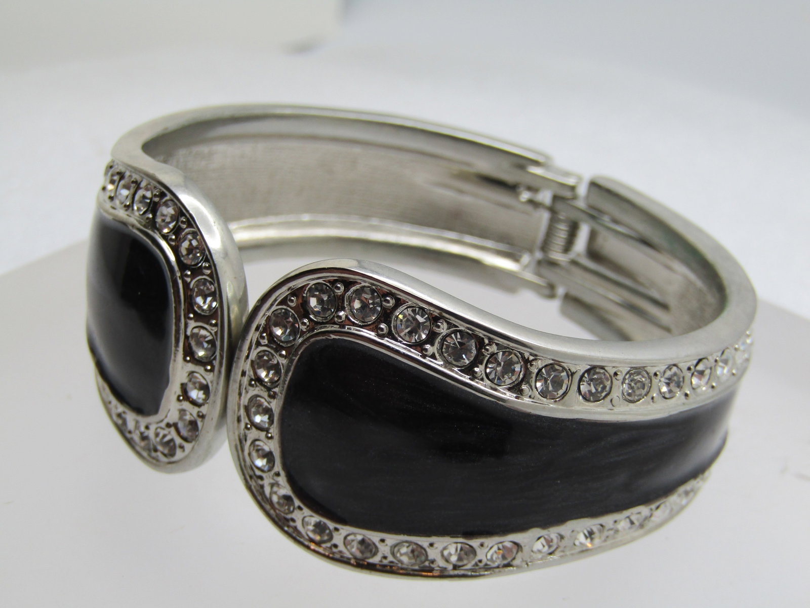Vintage Black Enameled Rhinestone Bracelet, Hinged Clamper, 6.75", 1970's-1980's - 3