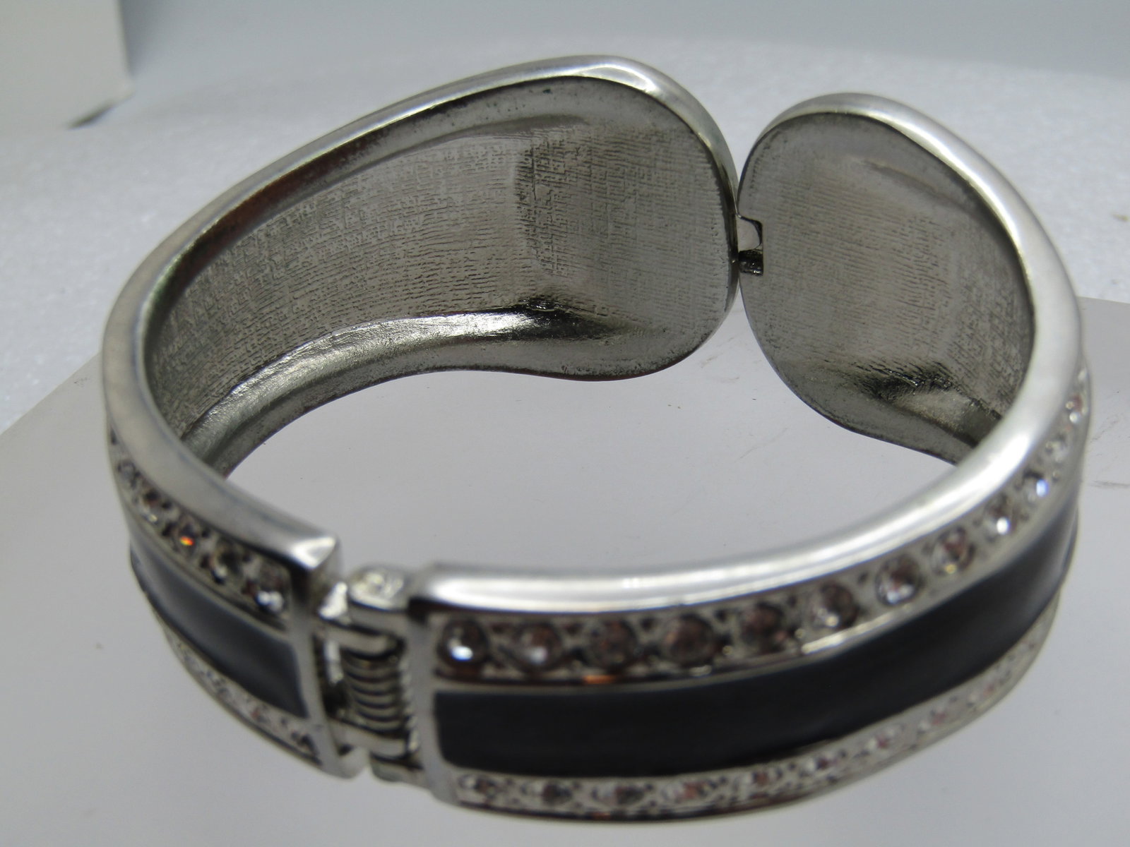 Vintage Black Enameled Rhinestone Bracelet, Hinged Clamper, 6.75", 1970's-1980's - 4